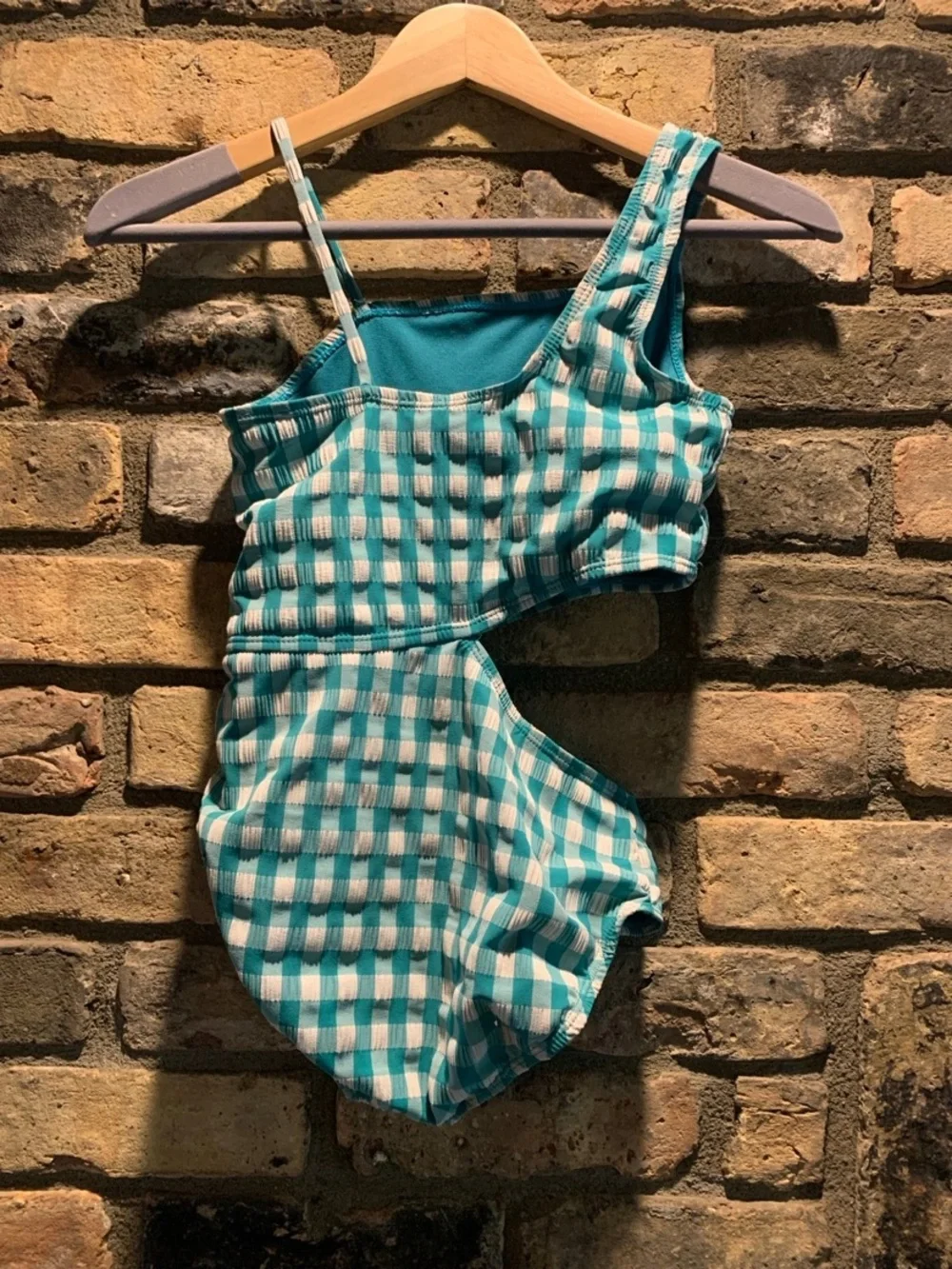 Girls textured seersucker swimsuit with teal and white gingham pattern size 8